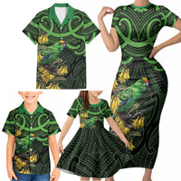 New Zealand Parakeet Bird Family Matching Short Sleeve Bodycon Dress and Hawaiian Shirt Maori Kakariki Kowhai Maori Pattern LT22 - Polynesian Pride