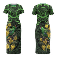 New Zealand Parakeet Bird Family Matching Short Sleeve Bodycon Dress and Hawaiian Shirt Maori Kakariki Kowhai Maori Pattern
