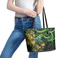 New Zealand Parakeet Bird Leather Tote Bag Maori Kakariki Kowhai Maori Pattern