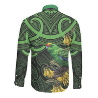 New Zealand Parakeet Bird Long Sleeve Button Shirt Maori Kakariki Kowhai Maori Pattern LT22 - Polynesian Pride