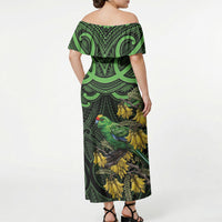 New Zealand Parakeet Bird Off Shoulder Maxi Dress Maori Kakariki Kowhai Maori Pattern LT22 - Polynesian Pride
