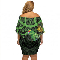 New Zealand Parakeet Bird Off Shoulder Short Dress Maori Kakariki Kowhai Maori Pattern LT22 - Polynesian Pride