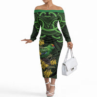 New Zealand Parakeet Bird Off The Shoulder Long Sleeve Dress Maori Kakariki Kowhai Maori Pattern LT22 Women Green - Polynesian Pride