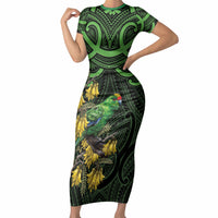 New Zealand Parakeet Bird Short Sleeve Bodycon Dress Maori Kakariki Kowhai Maori Pattern LT22 Long Dress Green - Polynesian Pride