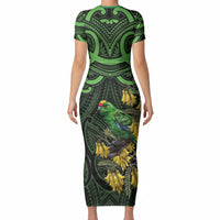 New Zealand Parakeet Bird Short Sleeve Bodycon Dress Maori Kakariki Kowhai Maori Pattern LT22 - Polynesian Pride