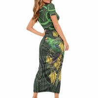 New Zealand Parakeet Bird Short Sleeve Bodycon Dress Maori Kakariki Kowhai Maori Pattern LT22 - Polynesian Pride