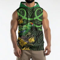 New Zealand Parakeet Bird Sleeveless Hoodie Maori Kakariki Kowhai Maori Pattern