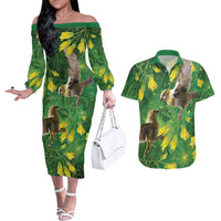 Bellbird New Zealand Personalised Couples Matching Off The Shoulder Long Sleeve Dress and Hawaiian Shirt Kowhai Flower Maori Pattern
