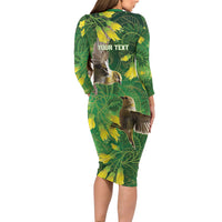 Bellbird New Zealand Personalised Family Matching Long Sleeve Bodycon Dress and Hawaiian Shirt Kowhai Flower Maori Pattern