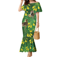 Bellbird New Zealand Personalised Family Matching Mermaid Dress and Hawaiian Shirt Kowhai Flower Maori Pattern