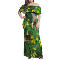 Bellbird New Zealand Personalised Family Matching Off Shoulder Maxi Dress and Hawaiian Shirt Kowhai Flower Maori Pattern