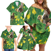 Bellbird New Zealand Personalised Family Matching Off Shoulder Short Dress and Hawaiian Shirt Kowhai Flower Maori Pattern