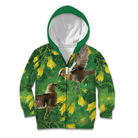 Bellbird New Zealand Personalised Kid Hoodie Kowhai Flower Maori Pattern LT22 Zip Hoodie Green - Polynesian Pride