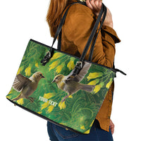 Bellbird New Zealand Personalised Leather Tote Bag Kowhai Flower Maori Pattern LT22 - Polynesian Pride