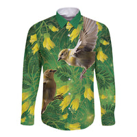 Bellbird New Zealand Personalised Long Sleeve Button Shirt Kowhai Flower Maori Pattern LT22 Unisex Green - Polynesian Pride