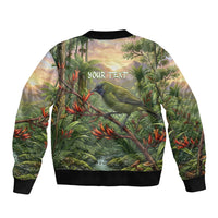 Bellbird New Zealand Personalised Bomber Jacket Korimako Harakeke Flower Native Forest LT22 - Polynesian Pride