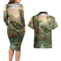 Bellbird New Zealand Personalised Couples Matching Long Sleeve Bodycon Dress and Hawaiian Shirt Korimako Harakeke Flower Native Forest