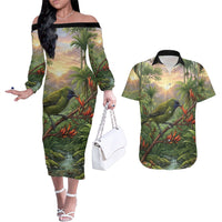 Bellbird New Zealand Personalised Couples Matching Off The Shoulder Long Sleeve Dress and Hawaiian Shirt Korimako Harakeke Flower Native Forest