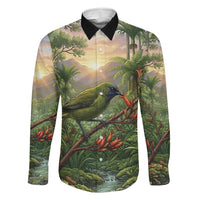 Bellbird New Zealand Personalised Family Matching Off The Shoulder Long Sleeve Dress and Hawaiian Shirt Korimako Harakeke Flower Native Forest