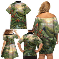 Bellbird New Zealand Personalised Family Matching Off Shoulder Short Dress and Hawaiian Shirt Korimako Harakeke Flower Native Forest