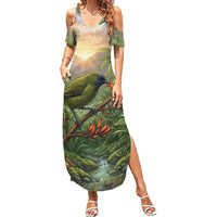 Bellbird New Zealand Personalised Family Matching Summer Maxi Dress and Hawaiian Shirt Korimako Harakeke Flower Native Forest