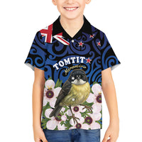 Tomtit New Zealand Personalised Family Matching Short Sleeve Bodycon Dress and Hawaiian Shirt Miromiro Manuka Flower Maori Pattern
