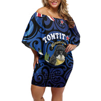 Tomtit New Zealand Personalised Off Shoulder Short Dress Miromiro Manuka Flower Maori Pattern LT22 Women Blue - Polynesian Pride