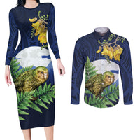 Kakapo New Zealand Personalised Couples Matching Long Sleeve Bodycon Dress and Long Sleeve Button Shirt Kowhai Flower Silver Fern Maori Pattern