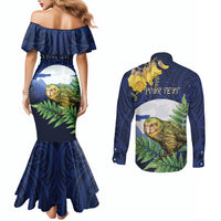 Kakapo New Zealand Personalised Couples Matching Mermaid Dress and Long Sleeve Button Shirt Kowhai Flower Silver Fern Maori Pattern