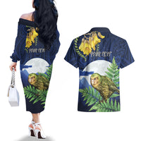 Kakapo New Zealand Personalised Couples Matching Off The Shoulder Long Sleeve Dress and Hawaiian Shirt Kowhai Flower Silver Fern Maori Pattern