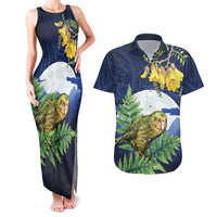 Kakapo New Zealand Personalised Couples Matching Tank Maxi Dress and Hawaiian Shirt Kowhai Flower Silver Fern Maori Pattern