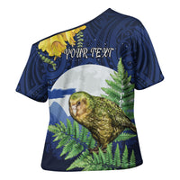 Kakapo New Zealand Personalised Cross Shoulder Shirt Kowhai Flower Silver Fern Maori Pattern