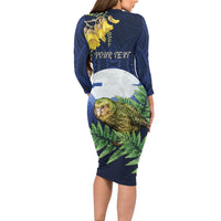 Kakapo New Zealand Personalised Family Matching Long Sleeve Bodycon Dress and Hawaiian Shirt Kowhai Flower Silver Fern Maori Pattern