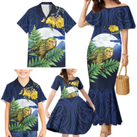Kakapo New Zealand Personalised Family Matching Mermaid Dress and Hawaiian Shirt Kowhai Flower Silver Fern Maori Pattern