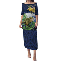 Kakapo New Zealand Personalised Family Matching Puletasi and Hawaiian Shirt Kowhai Flower Silver Fern Maori Pattern