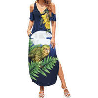 Kakapo New Zealand Personalised Family Matching Summer Maxi Dress and Hawaiian Shirt Kowhai Flower Silver Fern Maori Pattern