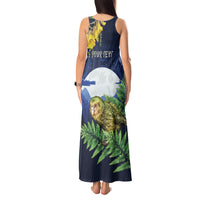 Kakapo New Zealand Personalised Tank Maxi Dress Kowhai Flower Silver Fern Maori Pattern
