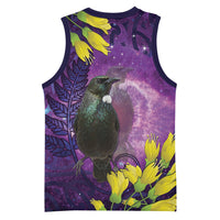 New Zealand Tui Bird Matariki Basketball Jersey Kowhai Flower Silver Fern Galaxy Maori Pattern LT22 - Polynesian Pride