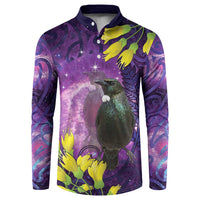 New Zealand Tui Bird Matariki Button Sweatshirt Kowhai Flower Silver Fern Galaxy Maori Pattern LT22 Purple - Polynesian Pride