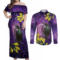 New Zealand Tui Bird Matariki Couples Matching Off Shoulder Maxi Dress and Long Sleeve Button Shirt Kowhai Flower Silver Fern Galaxy Maori Pattern LT22 Purple - Polynesian Pride