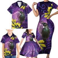 New Zealand Tui Bird Matariki Family Matching Short Sleeve Bodycon Dress and Hawaiian Shirt Kowhai Flower Silver Fern Galaxy Maori Pattern LT22 - Polynesian Pride