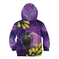 New Zealand Tui Bird Matariki Kid Hoodie Kowhai Flower Silver Fern Galaxy Maori Pattern LT22 - Polynesian Pride
