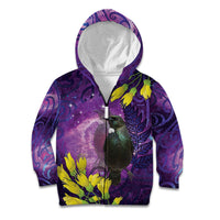 New Zealand Tui Bird Matariki Kid Hoodie Kowhai Flower Silver Fern Galaxy Maori Pattern LT22 Zip Hoodie Purple - Polynesian Pride