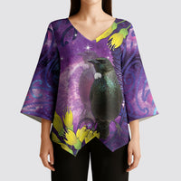 New Zealand Tui Bird Matariki Kimono Sleeve Blouse Kowhai Flower Silver Fern Galaxy Maori Pattern LT22 - Polynesian Pride