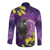 New Zealand Tui Bird Matariki Long Sleeve Button Shirt Kowhai Flower Silver Fern Galaxy Maori Pattern LT22 - Polynesian Pride