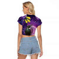 New Zealand Tui Bird Matariki Raglan Cropped T Shirt Kowhai Flower Silver Fern Galaxy Maori Pattern LT22 - Polynesian Pride