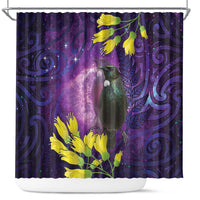 New Zealand Tui Bird Matariki Shower Curtain Kowhai Flower Silver Fern Galaxy Maori Pattern LT22 Purple - Polynesian Pride