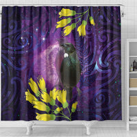 New Zealand Tui Bird Matariki Shower Curtain Kowhai Flower Silver Fern Galaxy Maori Pattern LT22 - Polynesian Pride