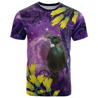 New Zealand Tui Bird Matariki T Shirt Kowhai Flower Silver Fern Galaxy Maori Pattern LT22 Purple - Polynesian Pride