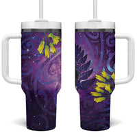 New Zealand Tui Bird Matariki Tumbler With Handle Kowhai Flower Silver Fern Galaxy Maori Pattern LT22 One Size: 40 oz Purple - Polynesian Pride